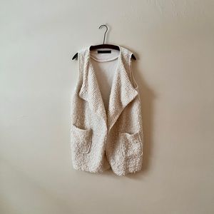 Cream Zara fleece woven oversized open collar sweater vest winter layer M/L